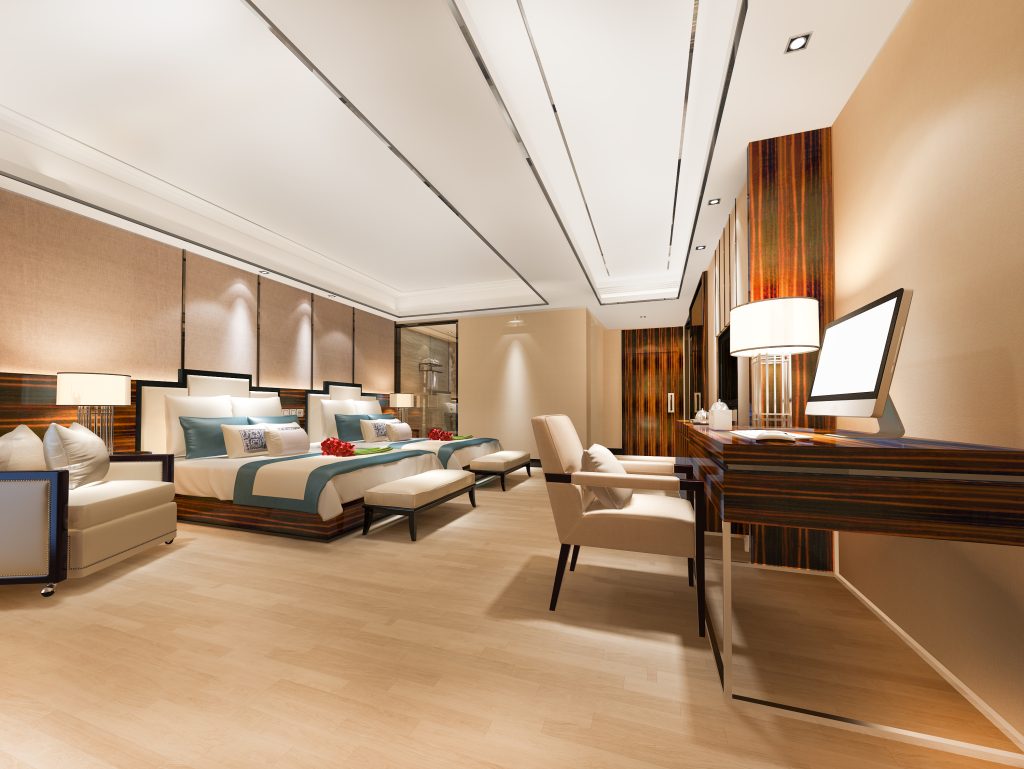 3d Rendering Luxury Bedroom Suite With Working Table And Twin Bed