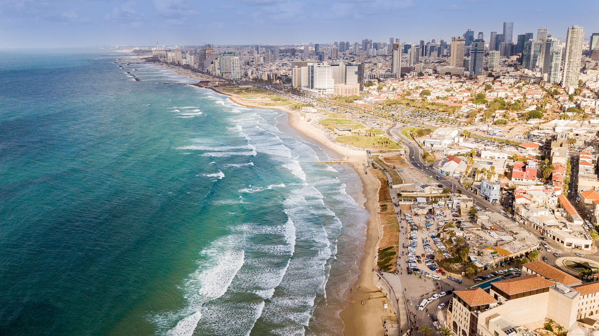 Aerial View Of Tel Aviv Sandy Beach On Mediterranean Sea
