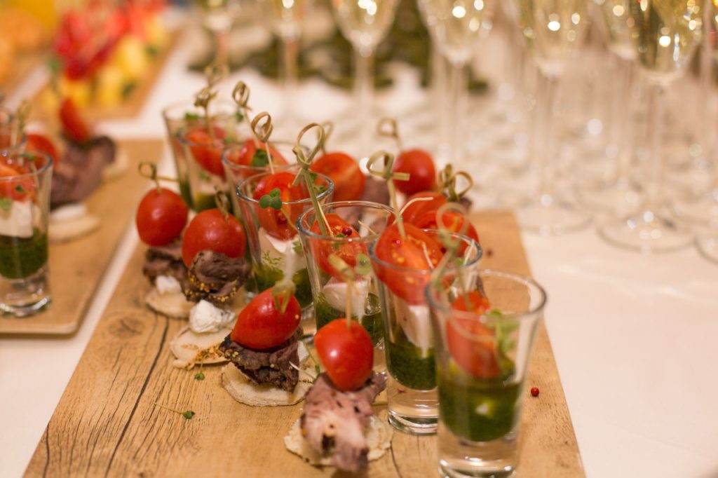 Canape With Cherry Tomatoes In Sauce In Shot Glasses
