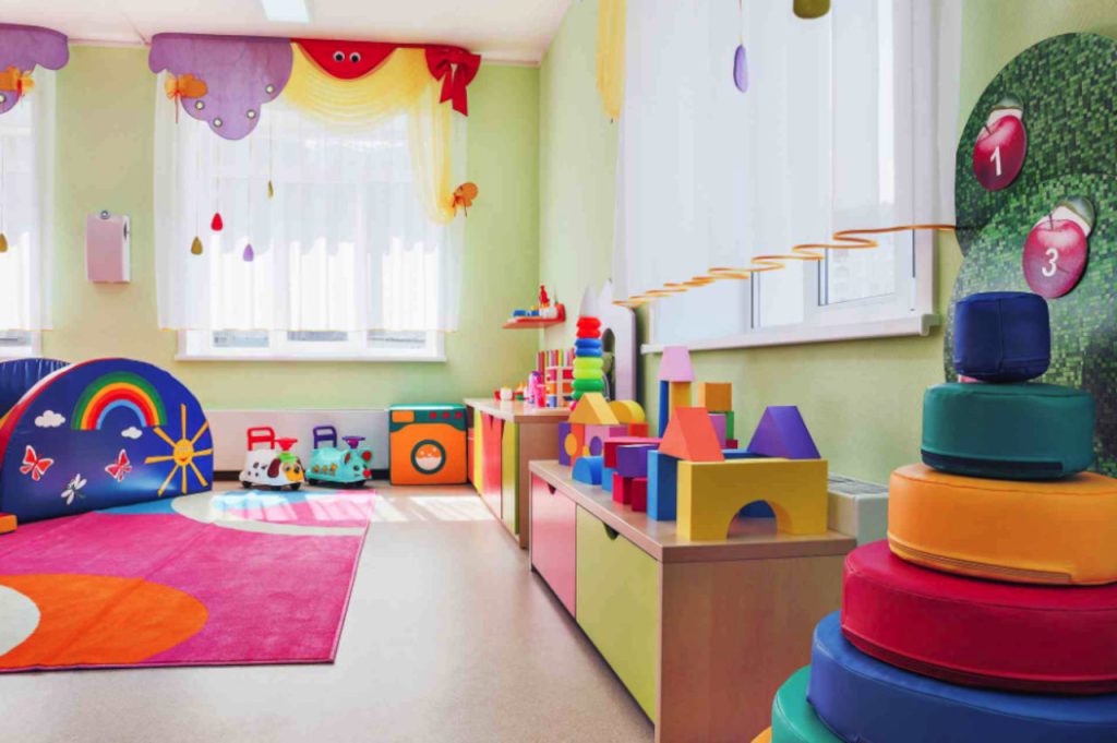 Colorful Daycare Room With Blocks And Toys