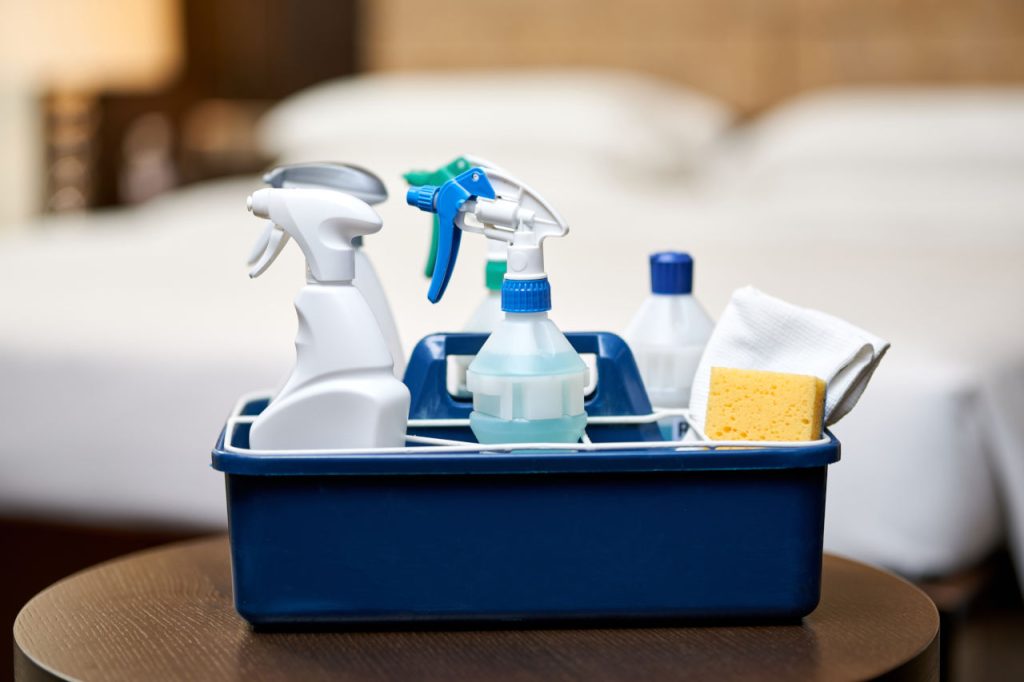 Housekeeping Cleaning Supplies Set In Hotel Room