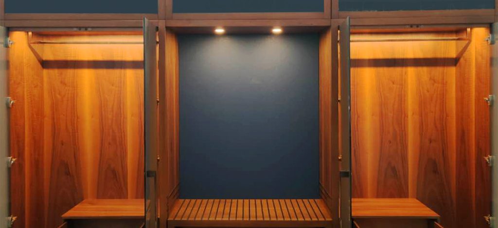 Wooden Closet With Glass Doors And Led Lighting